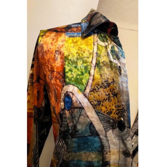 RARE!! Vintage Dolcezza Simply Art Artsy Velvet Painting Print Button Up Shirt - Picture 6 of 16